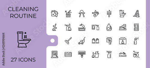 Cleaning And Maintenance icon set. Icons hygiene, stroke, sponge, scrubbing, disinfect, wash, clean and more. Icons for UI. Editable stroke. Vector illustration.