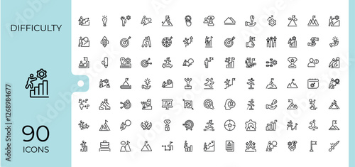 Set of Challenge line icons. It contains symbols to achieve, achievement, win, hand, target, strategy, leadership and more. Web icons. Editable stroke.