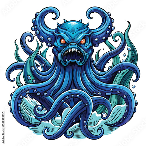 Render a menacing kraken, its massive form obscured by swirling, inky tentacles, a terrifying leviathan of the deep.  Bold linework is essential.