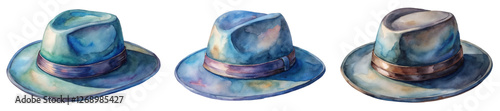 Watercolor hats, stylish accessories, artistic illustration, vibrant colors, fashion design, creative artwork, elegant headwear.
