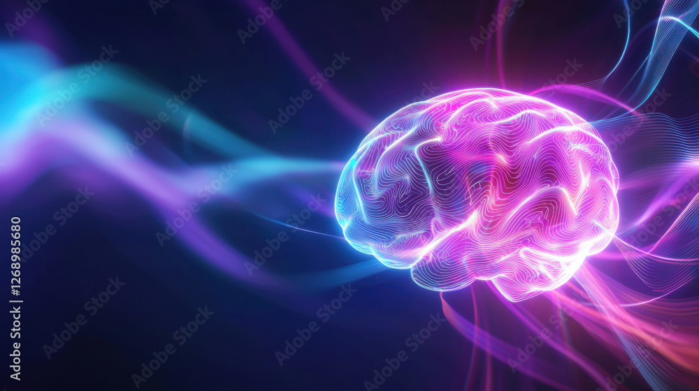Glowing brain with vibrant neon colors and abstract energy waves in dark background Glowing brain with vibrant neon colors and abstract energy waves in dark background