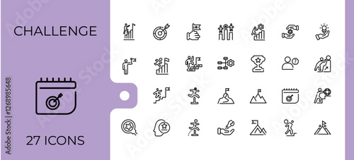 Set of Challenge line icons. It contains symbols to achieve, achievement, win, hand, target, strategy, leadership and more. Web icons. Editable stroke.