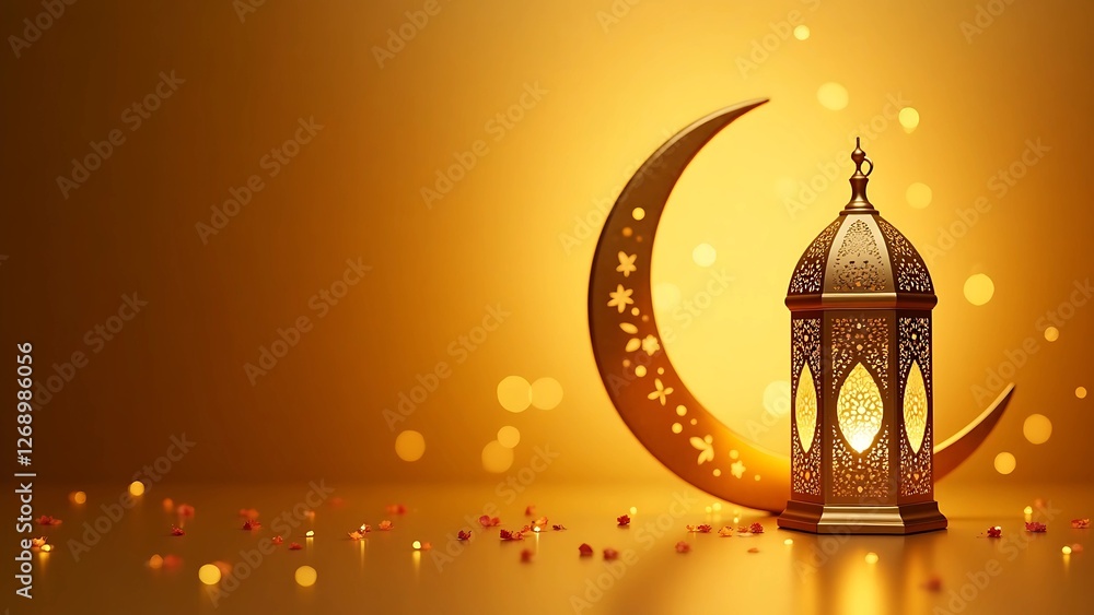 Islamic Lantern and Crescent Moon with Glowing Lights – Ramadan and Eid Festive Background Islamic Lantern and Crescent Moon with Glowing Lights – Ramadan and Eid Festive Background