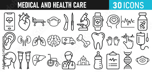 Medical and health Care liner icons set for web and mobile app. Medicine and Health Care symbols. Emergency, medical equipment, RX, MRI, doctor, lab, virus, prescription, ambulance