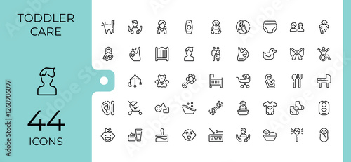 Set of Child care line icons. Contains such icons as tricycle, bear, pacifier, newborn, feeding, face and more. Minimalistic icons. Minimalist editable vector stroke.