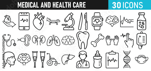 Medical and health Care liner icons set for web and mobile app. Medicine and Health Care symbols. Emergency, medical equipment, RX, MRI, doctor, lab, virus, prescription, ambulance