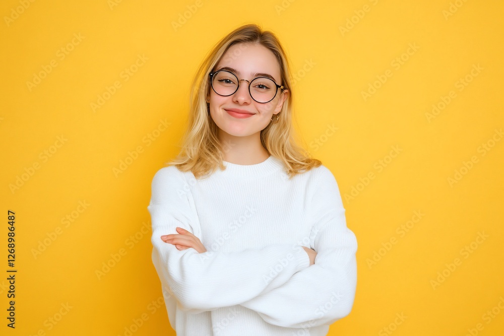Smiling woman with crossed arms on yellow background, for positive lifestyle ads Smiling woman with crossed arms on yellow background, for positive lifestyle ads