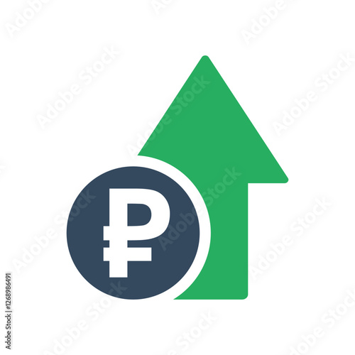 ruble coin with green up arrow, russian economic growth indicator, stock exchange market positive trend, rising income pictogram