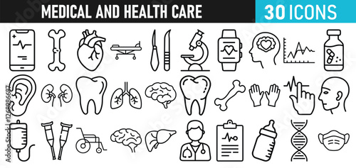 Medical and health Care liner icons set for web and mobile app. Medicine and Health Care symbols. Emergency, medical equipment, RX, MRI, doctor, lab, virus, prescription, ambulance