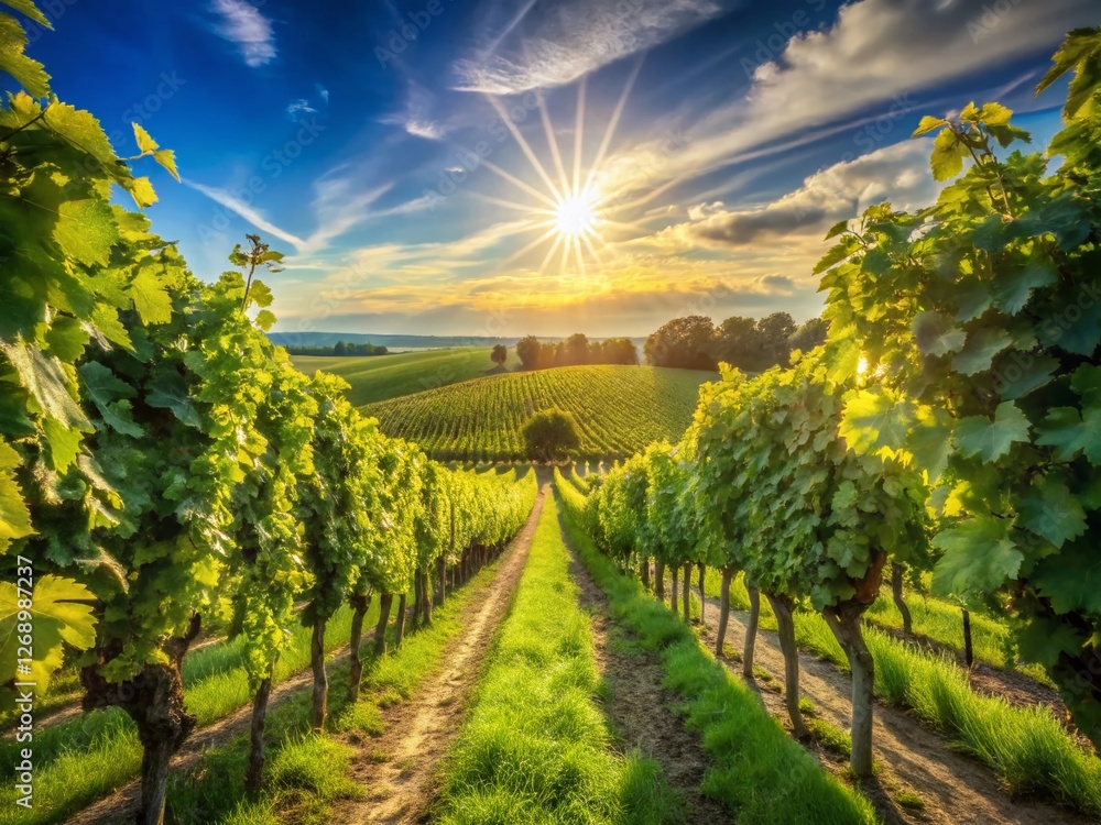 Naklejka premium June Vineyard Landscape: Lush Green Grapevines Under Summer Sun