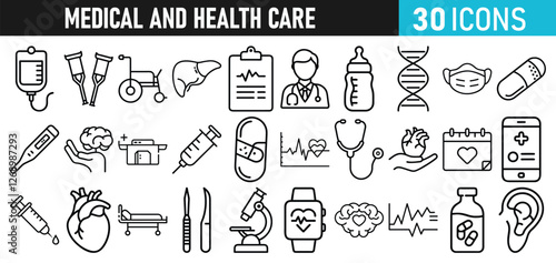 Medical and health Care liner icons set for web and mobile app. Medicine and Health Care symbols. Emergency, medical equipment, RX, MRI, doctor, lab, virus, prescription, ambulance