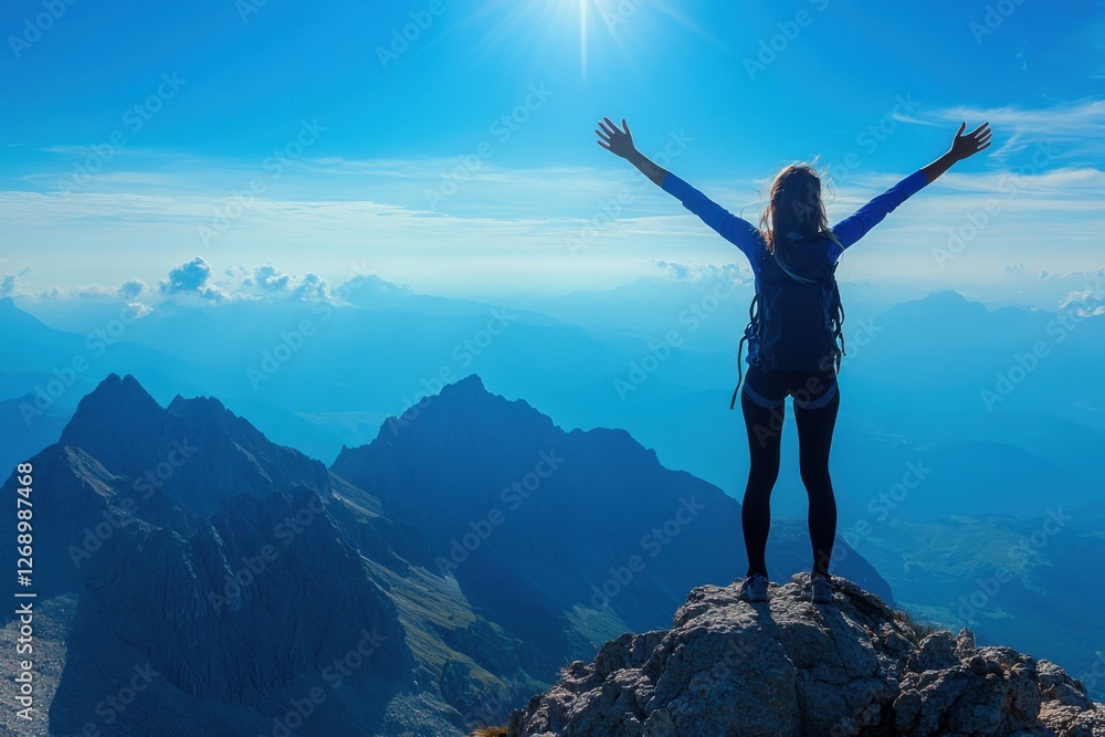 A woman standing on top of a mountain, arms raised towards the blue sky. Her silhouette exudes strength,and freedom, her flowing hair blending into the bright sky. Cocept for travel and woman power. A woman standing on top of a mountain, arms raised towards the blue sky. Her silhouette exudes strength,and freedom, her flowing hair blending into the bright sky. Cocept for travel and woman power.