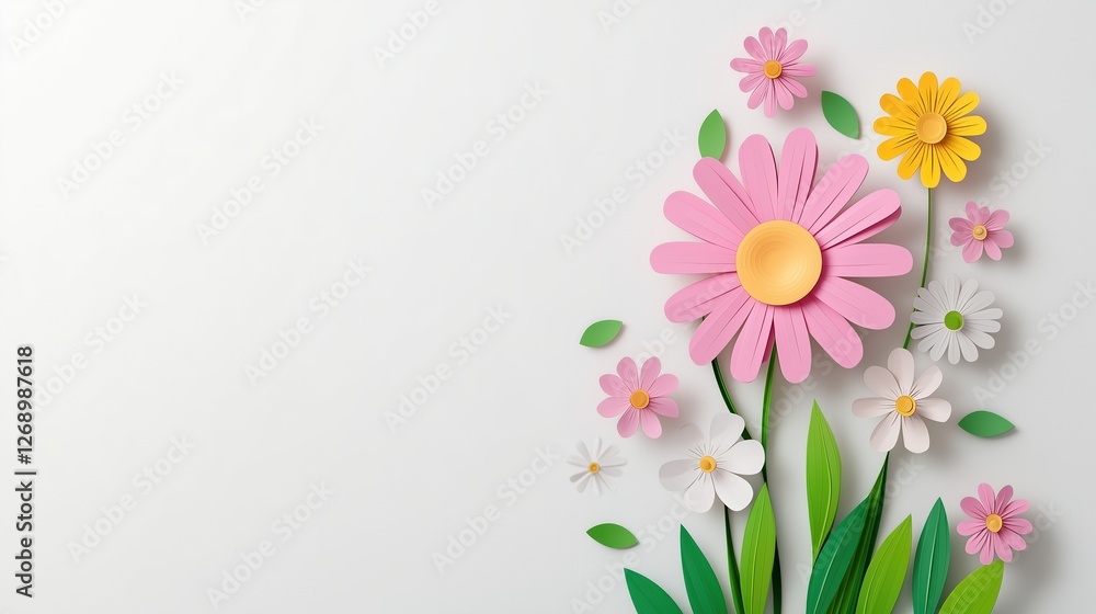 Obraz premium Paper Art of Colorful Flowers with Pink and Yellow Daisies on a White Background