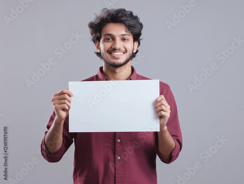 Confident young Indian man smiling while holding a blank whiteboard, standing against a neutral gray background. Perfect for business, marketing, and promotional designs with customizable copy space