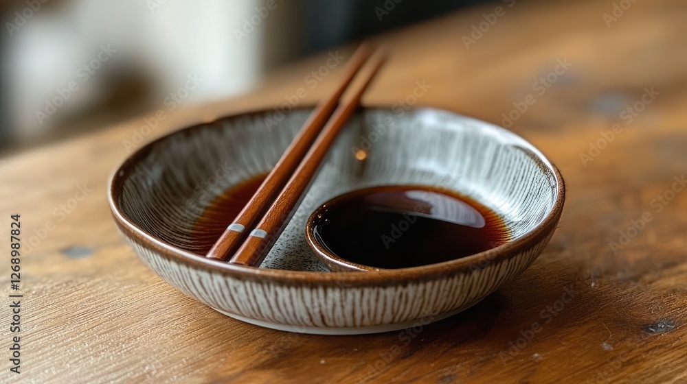 A beautifully arranged bowl of soy sauce with chopsticks resting on the edge, set on a rustic wooden table A beautifully arranged bowl of soy sauce with chopsticks resting on the edge, set on a rustic wooden table