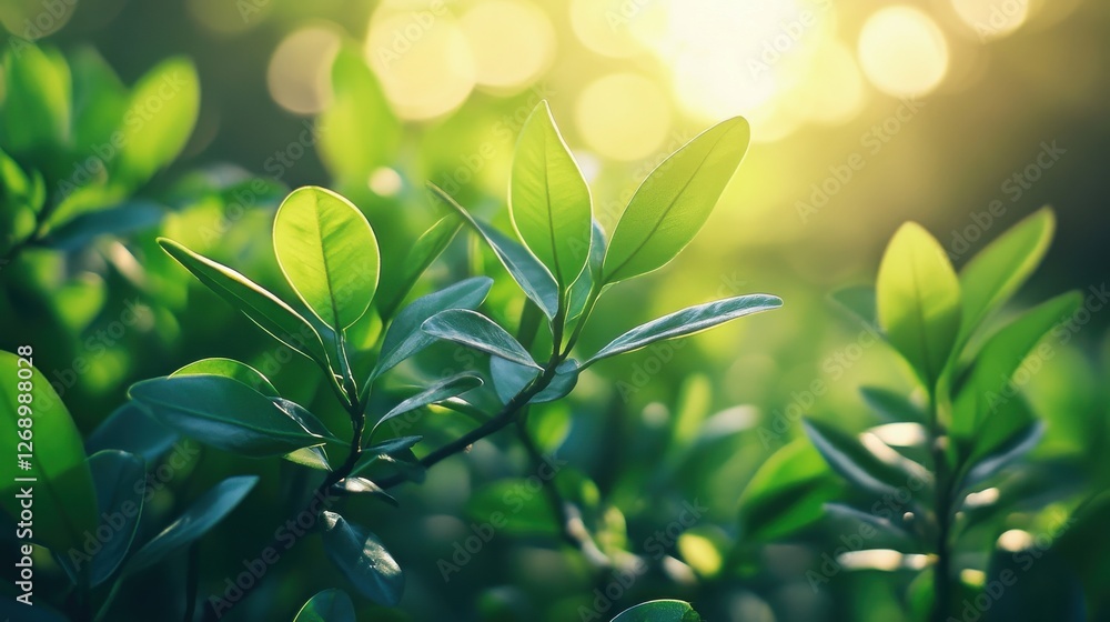 Fresh Green Leaves Under Soft Morning Light with Glowing Background Fresh Green Leaves Under Soft Morning Light with Glowing Background