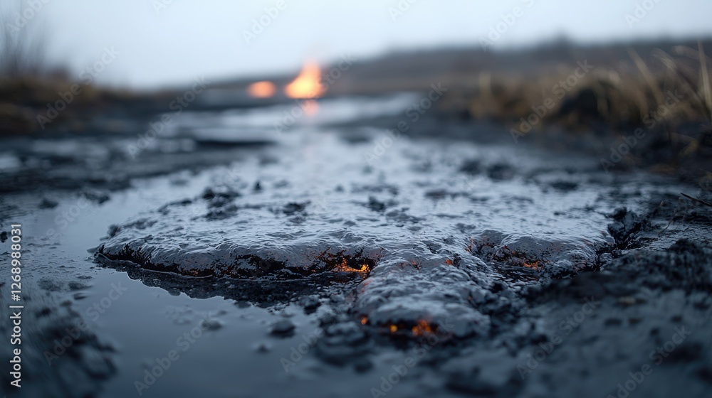 Naklejka premium Mud puddle, fire, early morning, nature