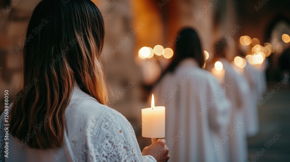 Holy Saturday faith procession concept. A serene procession of individuals in white robes holding candles, creating a warm and spiritual atmosphere illuminated by flickering lights. Holy Saturday faith procession concept. A serene procession of individuals in white robes holding candles, creating a warm and spiritual atmosphere illuminated by flickering lights.