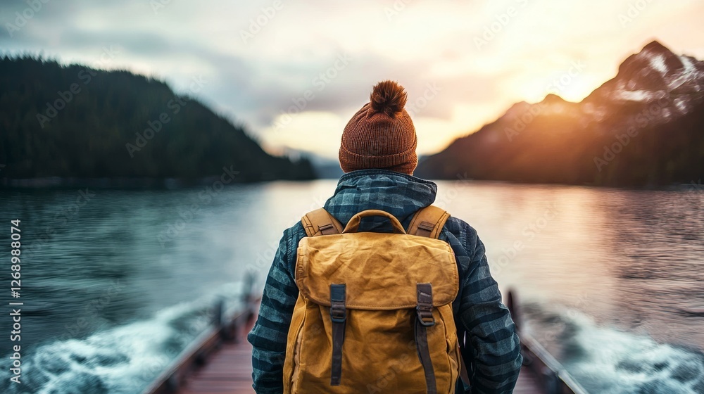 Young traveller stands on a ferry with a backpack to explore the beautiful mountains on the lakeside. Young traveller stands on a ferry with a backpack to explore the beautiful mountains on the lakeside.