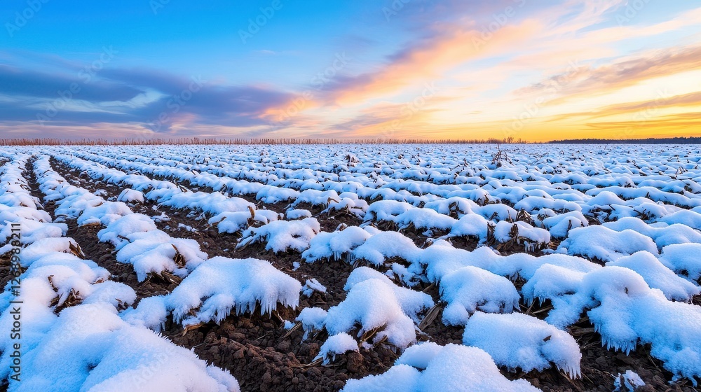 Fototapeta premium Frost Damage to Agriculture Concept, Frost-Covered Farming Field at Sunrise with Icy Clumps and Colorful Sky in Winter Landscape
