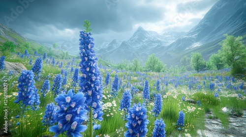 Mountain Meadow, Blue Flowers, Serenity, Nature's Beauty photo