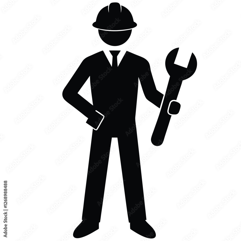 A fully black silhouette of a construction engineer standing confidently, holding a large wrench in one hand A fully black silhouette of a construction engineer standing confidently, holding a large wrench in one hand