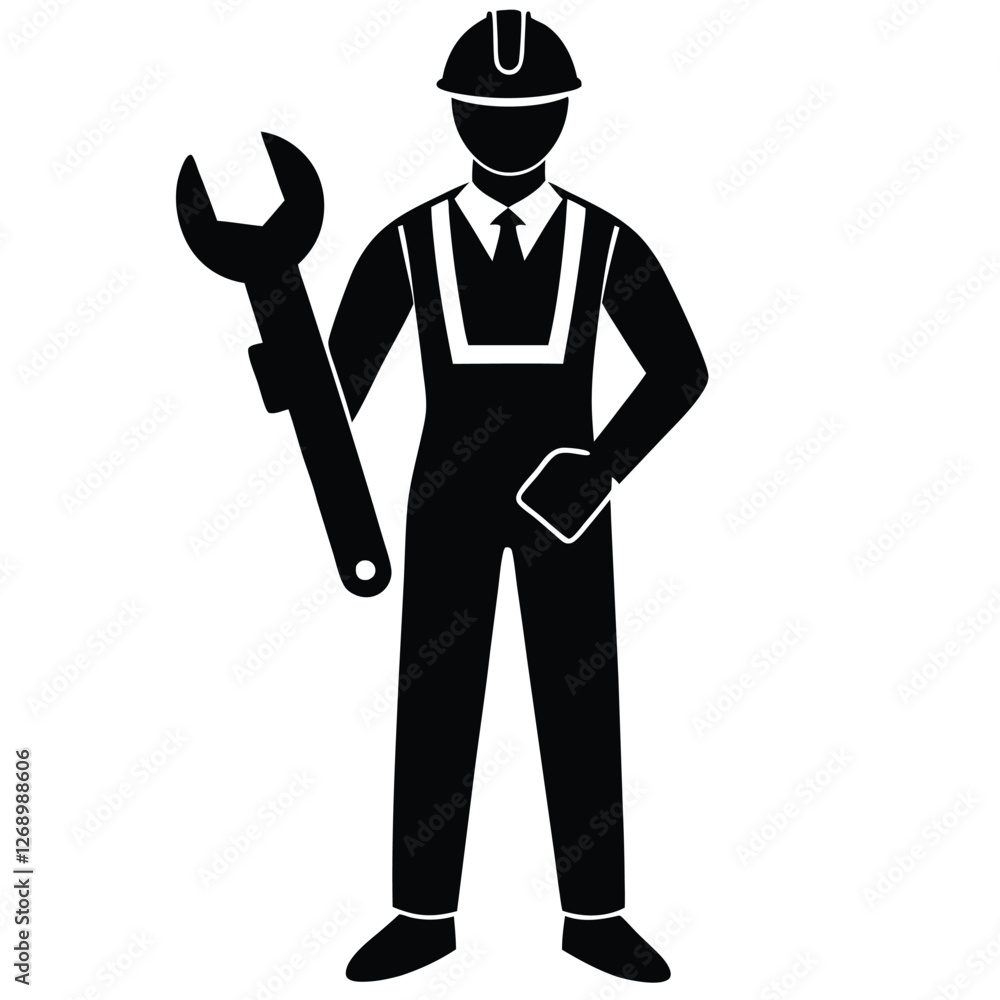 A fully black silhouette of a construction engineer standing confidently, holding a large wrench in one hand A fully black silhouette of a construction engineer standing confidently, holding a large wrench in one hand