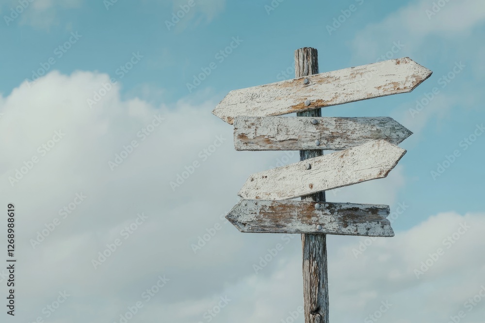 Old wooden signpost stands tall against a clear blue sky, with multiple arrows pointing in different directions. This rustic landmark offers a sense of adventure and exploration. Old wooden signpost stands tall against a clear blue sky, with multiple arrows pointing in different directions. This rustic landmark offers a sense of adventure and exploration.