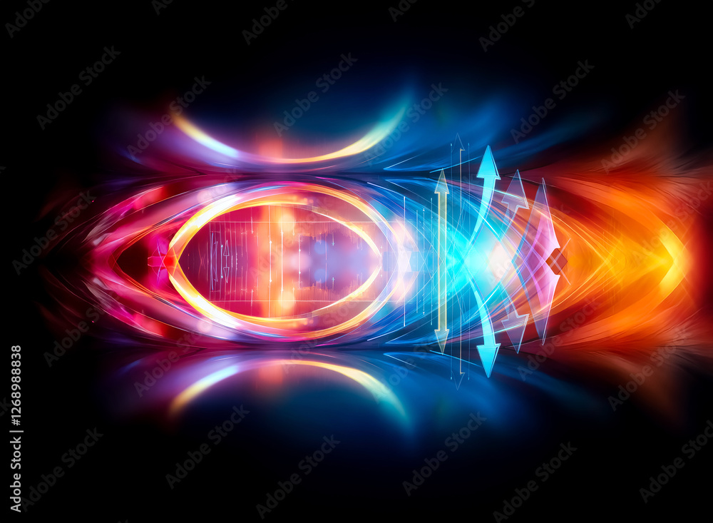 Obraz premium Vibrant abstract design featuring luminous blue, orange, and red flowing shapes against a dark backdrop, creating a dynamic and energetic visual effect with central arrows.