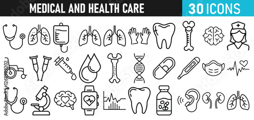 Medical and health Care liner icons set for web and mobile app. Medicine and Health Care symbols. Emergency, medical equipment, RX, MRI, doctor, lab, virus, prescription, ambulance