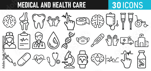 Medical and health Care liner icons set for web and mobile app. Medicine and Health Care symbols. Emergency, medical equipment, RX, MRI, doctor, lab, virus, prescription, ambulance