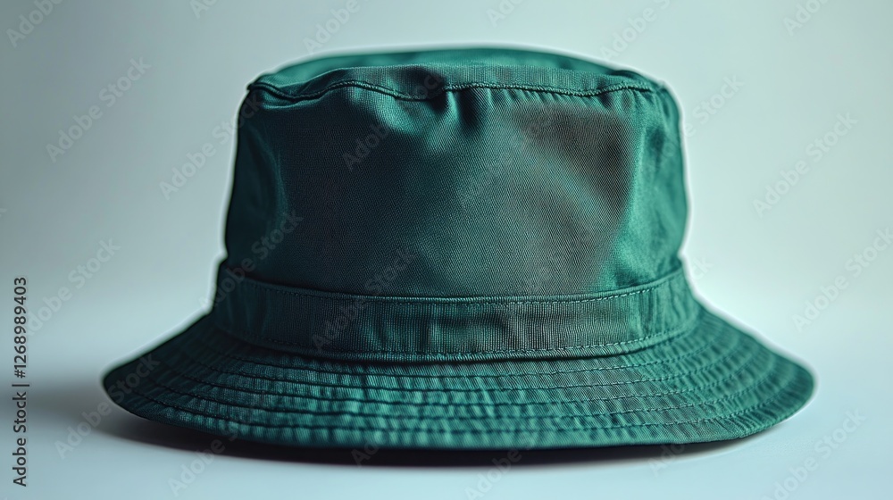 Fototapeta premium A close-up view of a green bucket hat on a soft background, highlighting its texture and color