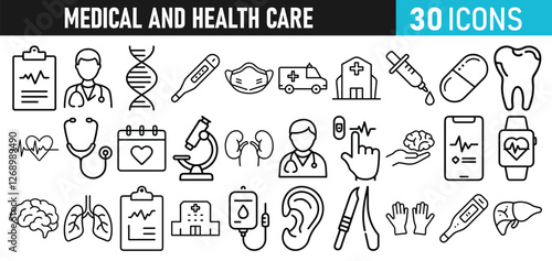 Medical and health Care liner icons set for web and mobile app. Medicine and Health Care symbols. Emergency, medical equipment, RX, MRI, doctor, lab, virus, prescription, ambulance