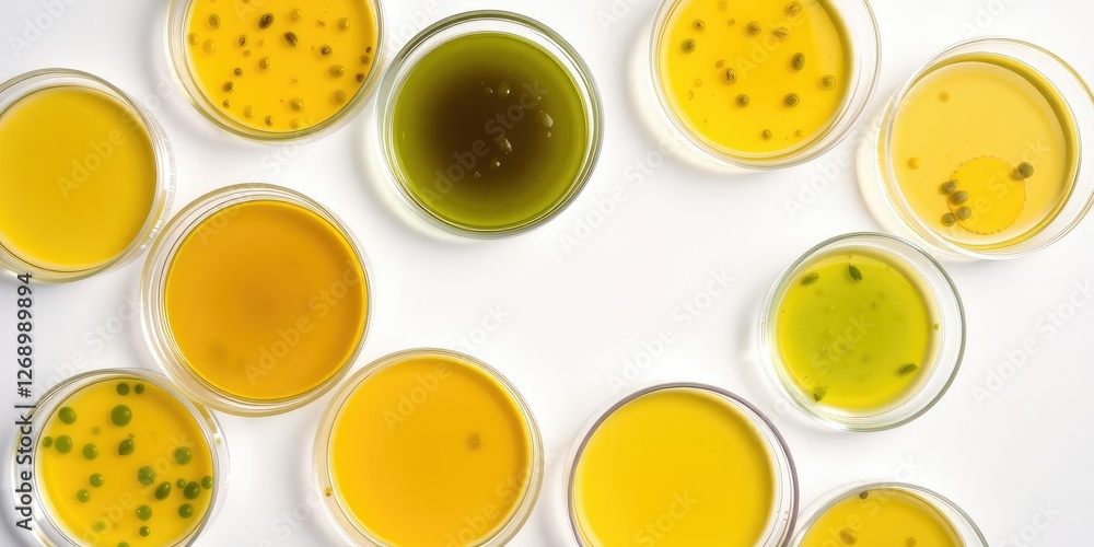 Fototapeta premium Flat lay composition of petri dishes containing algae samples in different stages of growth, scientific supplies, plant growth
