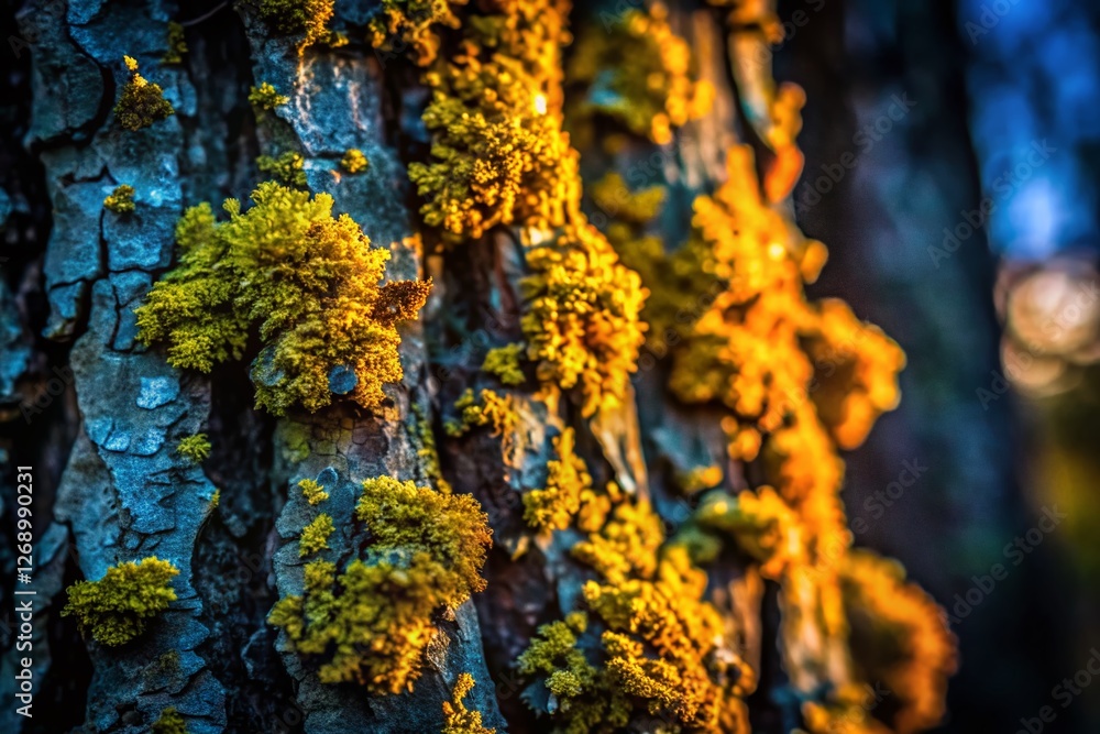 Lichen on Bark - Low Light Nature Photography Stock Photo