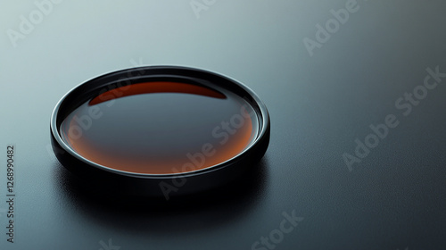 A small dish of soy sauce deep glossy black liquid