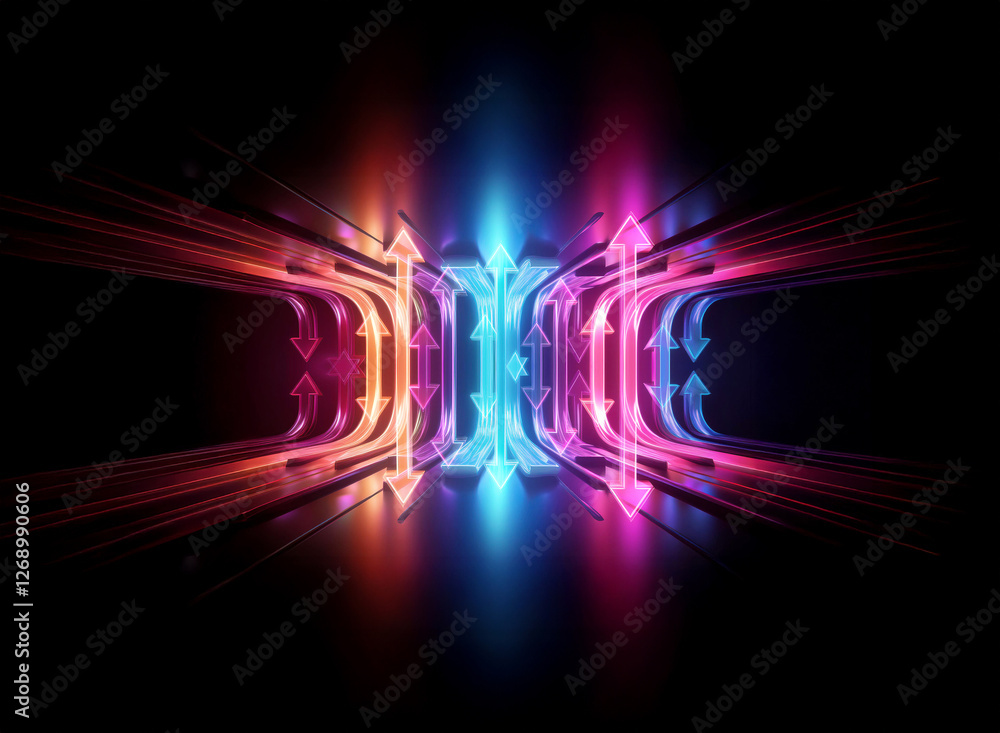 Symmetrical abstract design featuring vibrant light trails of blue, red, orange, pink. Energy flow with arrow shapes on a black backdrop. Symmetrical abstract design featuring vibrant light trails of blue, red, orange, pink. Energy flow with arrow shapes on a black backdrop.