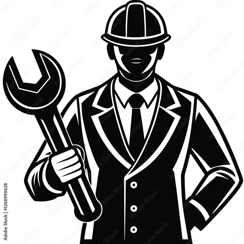 A fully black silhouette of a construction engineer standing confidently, holding a large wrench in one hand A fully black silhouette of a construction engineer standing confidently, holding a large wrench in one hand