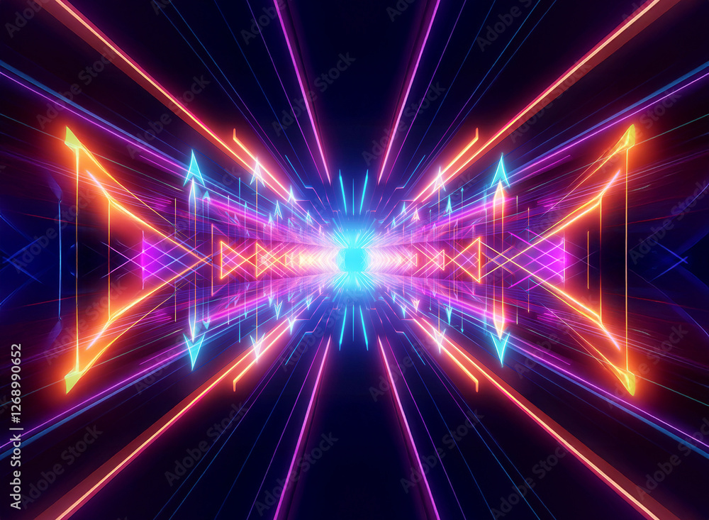 Obraz premium Vibrant neon lights create an abstract tunnel with a futuristic digital perspective. Geometric shapes and colorful lines evoke motion and energy in a cyberspace style scene.