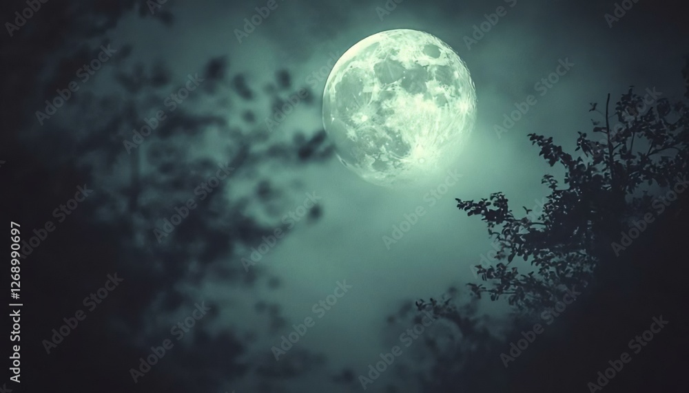 Ethereal Moonlit Scene with Trees and Misty Night Sky Ethereal Moonlit Scene with Trees and Misty Night Sky