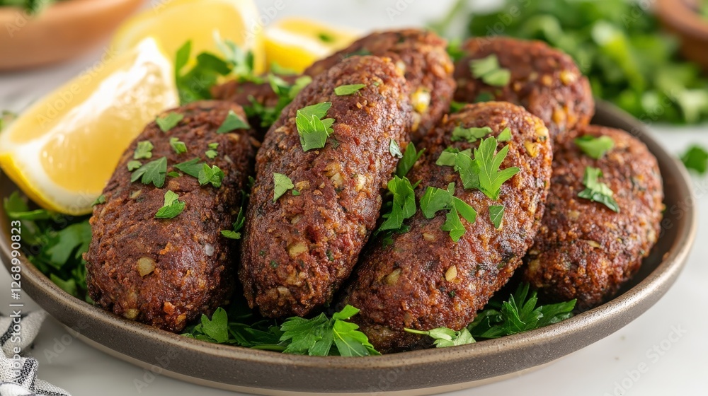 A plate of delicious, garnished meat patties with lemon and herbs. A plate of delicious, garnished meat patties with lemon and herbs.