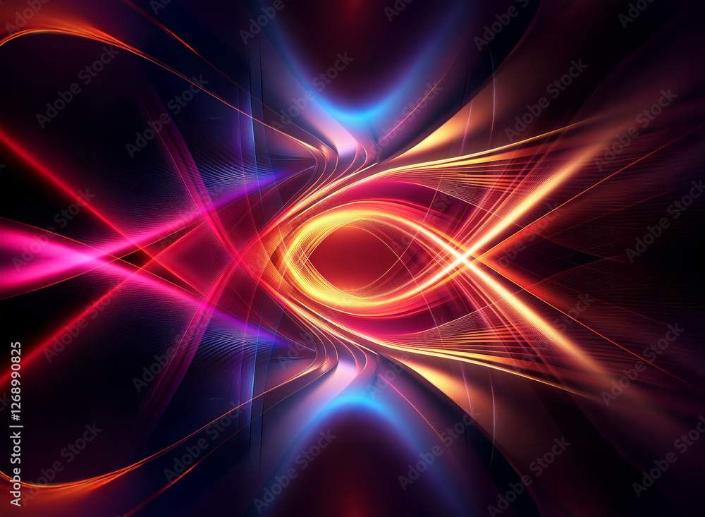 Vibrant abstract artwork featuring flowing luminous curves in pink, orange, and blue. Dynamic lines create energy and movement in a dark space. Vibrant abstract artwork featuring flowing luminous curves in pink, orange, and blue. Dynamic lines create energy and movement in a dark space.