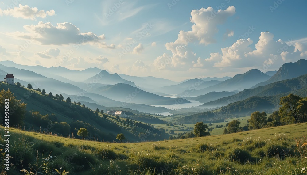 Obraz premium A serene valley adorned with trees, set against a backdrop of majestic mountains