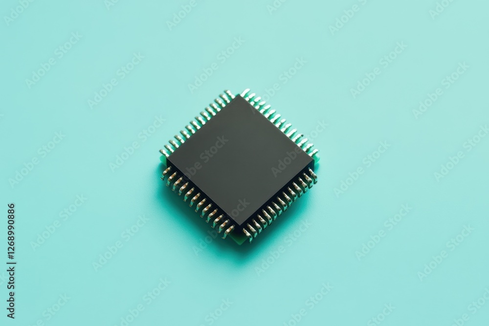 Black microchip with pins is centered on an aquamarine background Black microchip with pins is centered on an aquamarine background