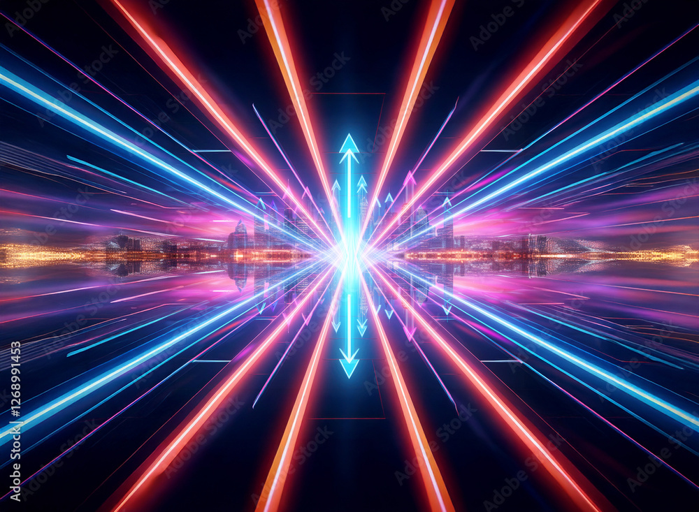 Abstract perspective with vibrant red and blue glowing lines radiating from a central bright point, creating a futuristic and symmetrical visual effect. Abstract perspective with vibrant red and blue glowing lines radiating from a central bright point, creating a futuristic and symmetrical visual effect.
