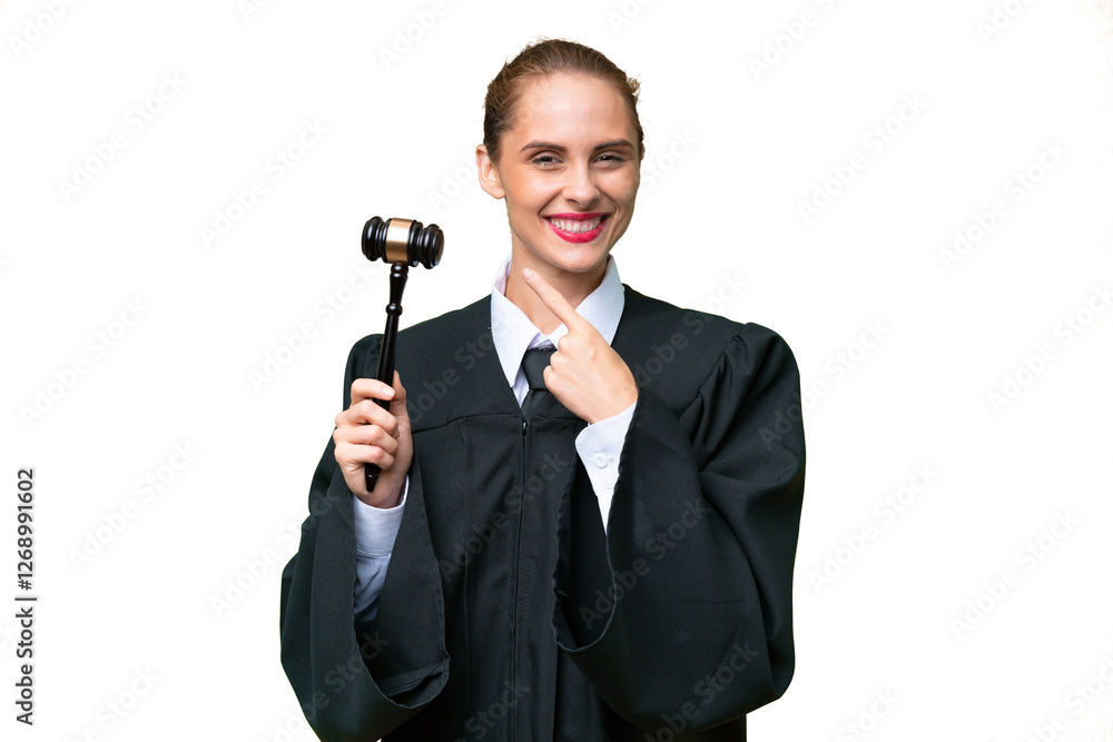 Judge caucasian woman over isolated background pointing to the side to present a product Judge caucasian woman over isolated background pointing to the side to present a product