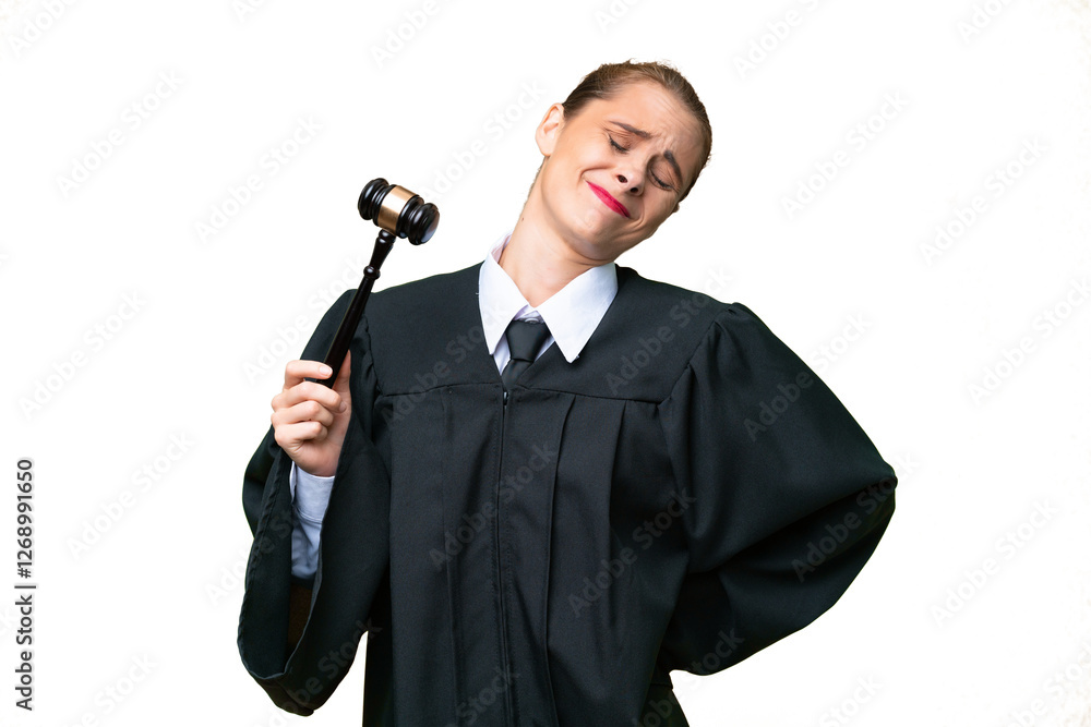 Judge caucasian woman over isolated background suffering from backache for having made an effort Judge caucasian woman over isolated background suffering from backache for having made an effort
