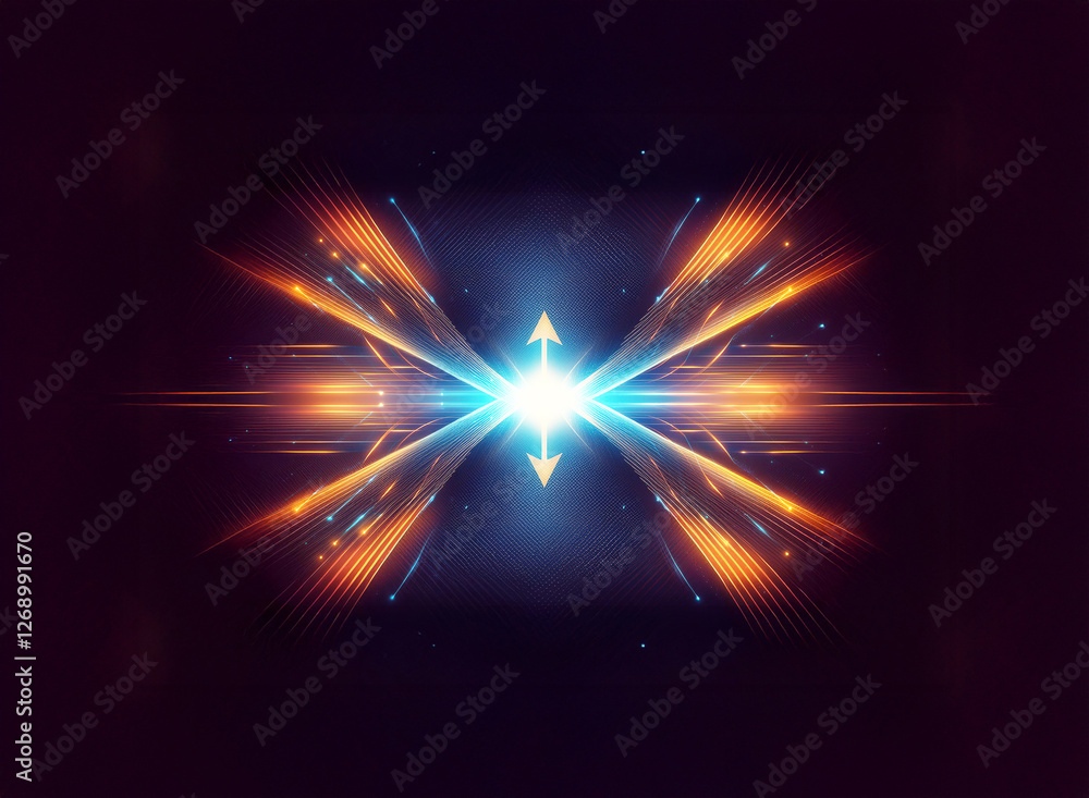 Fototapeta premium Abstract image of a bright blue light source in the center, with dynamic orange and blue rays expanding outwards like wings against a dark background.