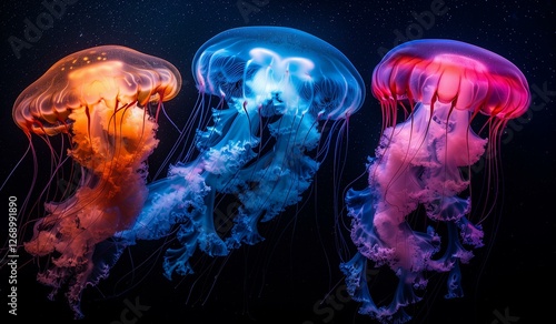 Three jellyfish glowing vibrantly in an underwater scene, showcasing stunning colors and intricate details