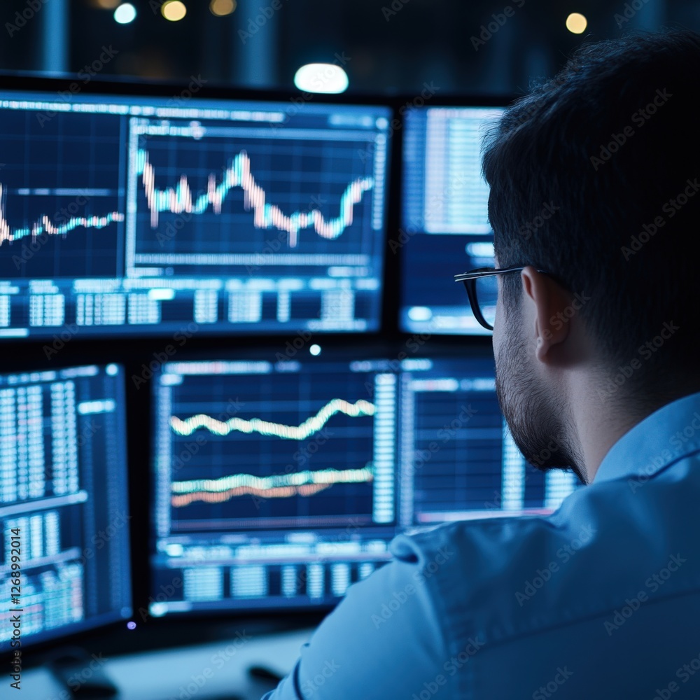 Analyzing stock market trends office workspace digital screens nighttime close-up financial insights for investors Analyzing stock market trends office workspace digital screens nighttime close-up financial insights for investors